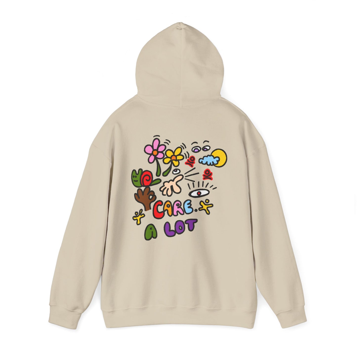 Care A Lot Hoodie — Colorful Doodle Graphic Hooded Sweatshirt
