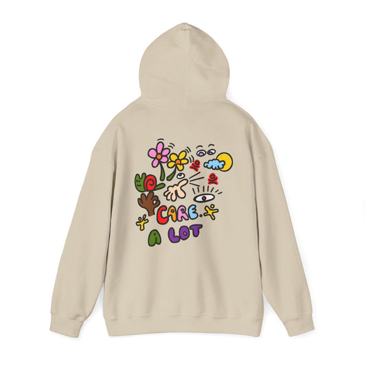 Care A Lot Hoodie — Colorful Doodle Graphic Hooded Sweatshirt