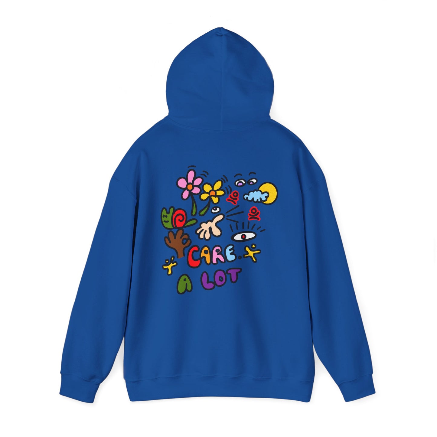 Care A Lot Hoodie — Colorful Doodle Graphic Hooded Sweatshirt