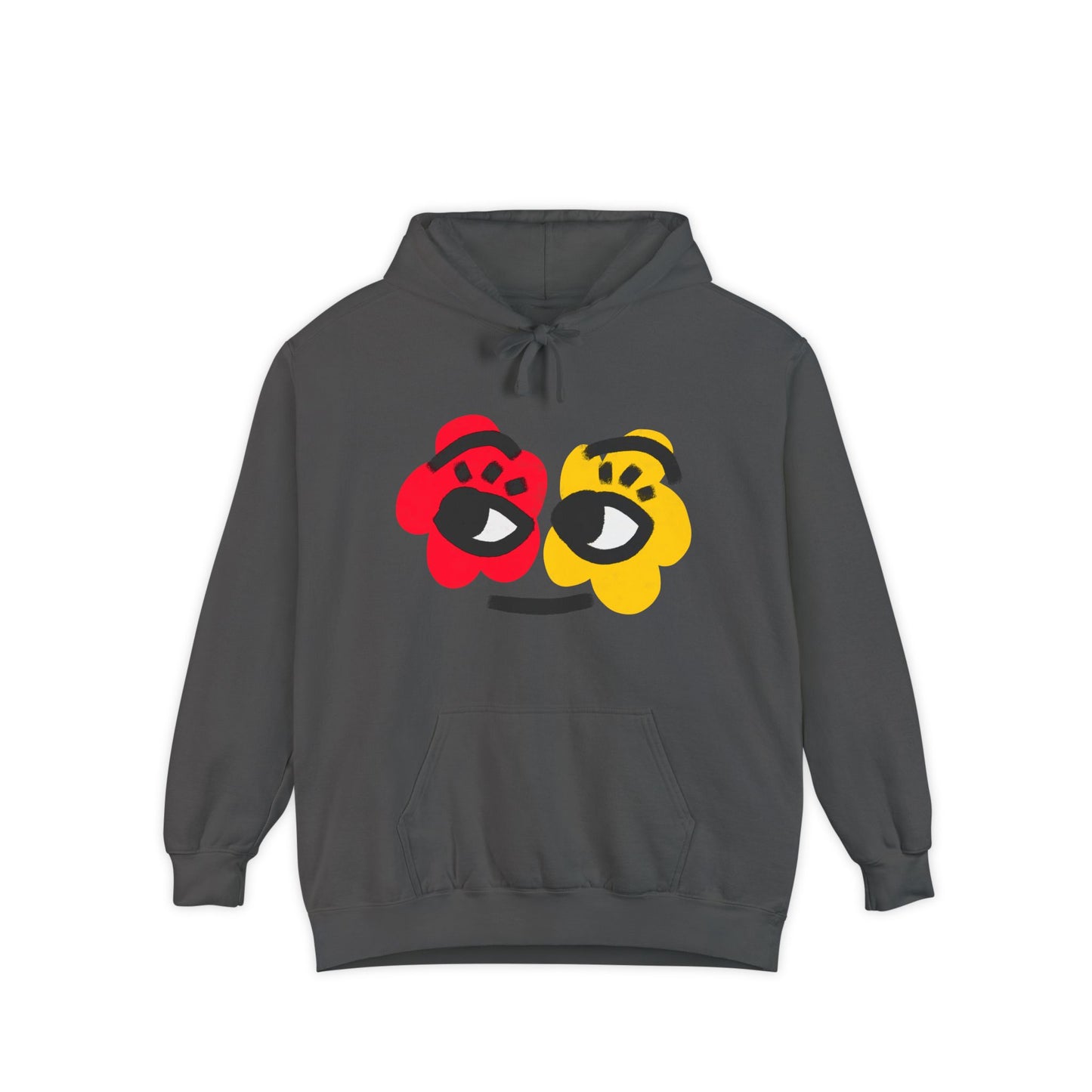 Hoodie — Playful Two-Flower Face Graphic (Red & Yellow)