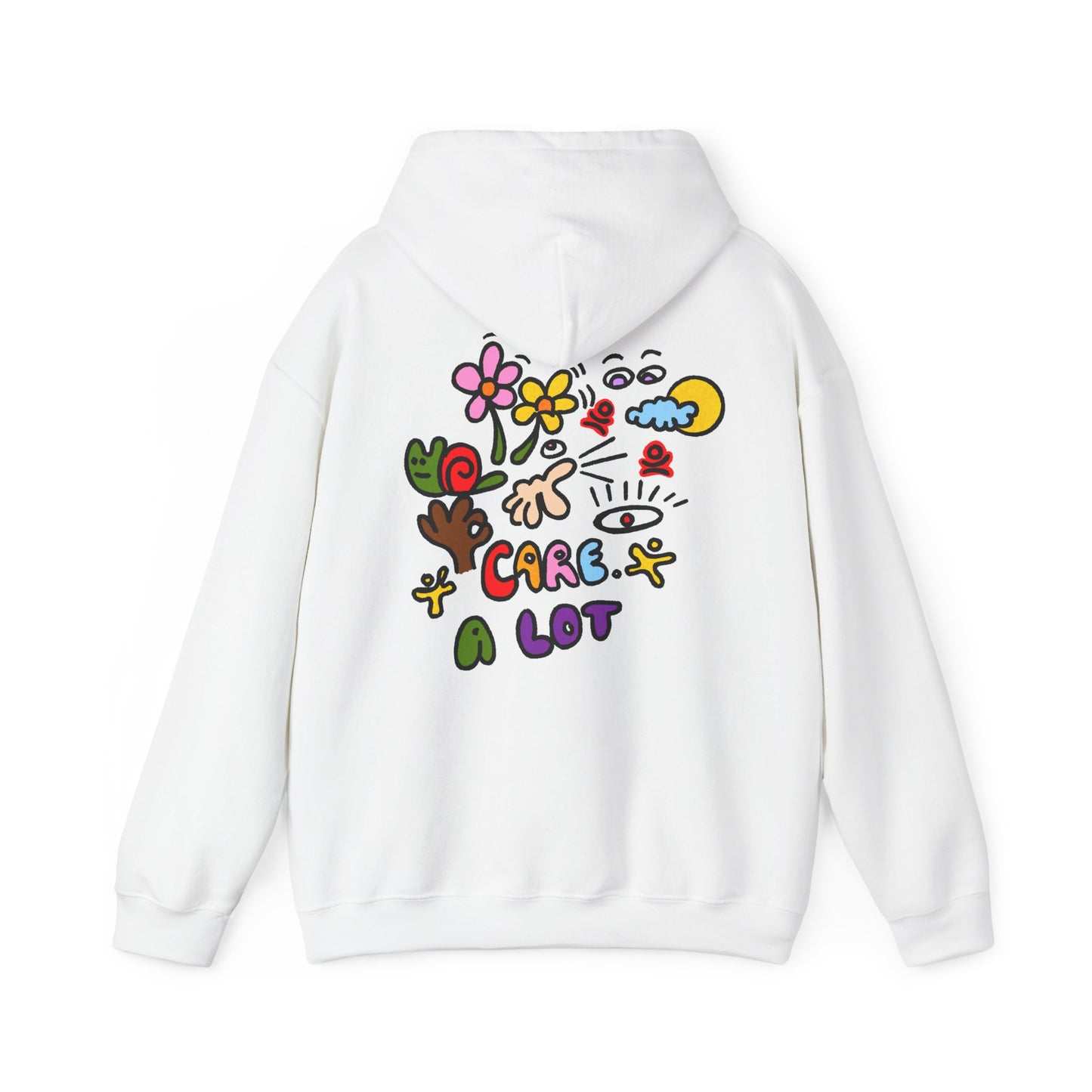 Care A Lot Hoodie — Colorful Doodle Graphic Hooded Sweatshirt