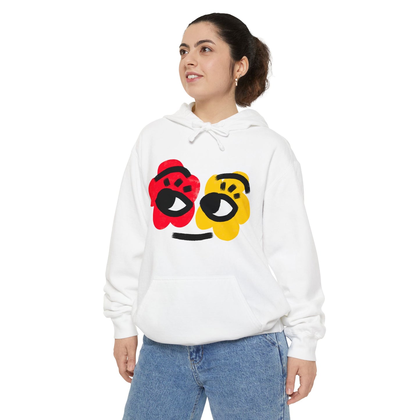 Hoodie — Playful Two-Flower Face Graphic (Red & Yellow)