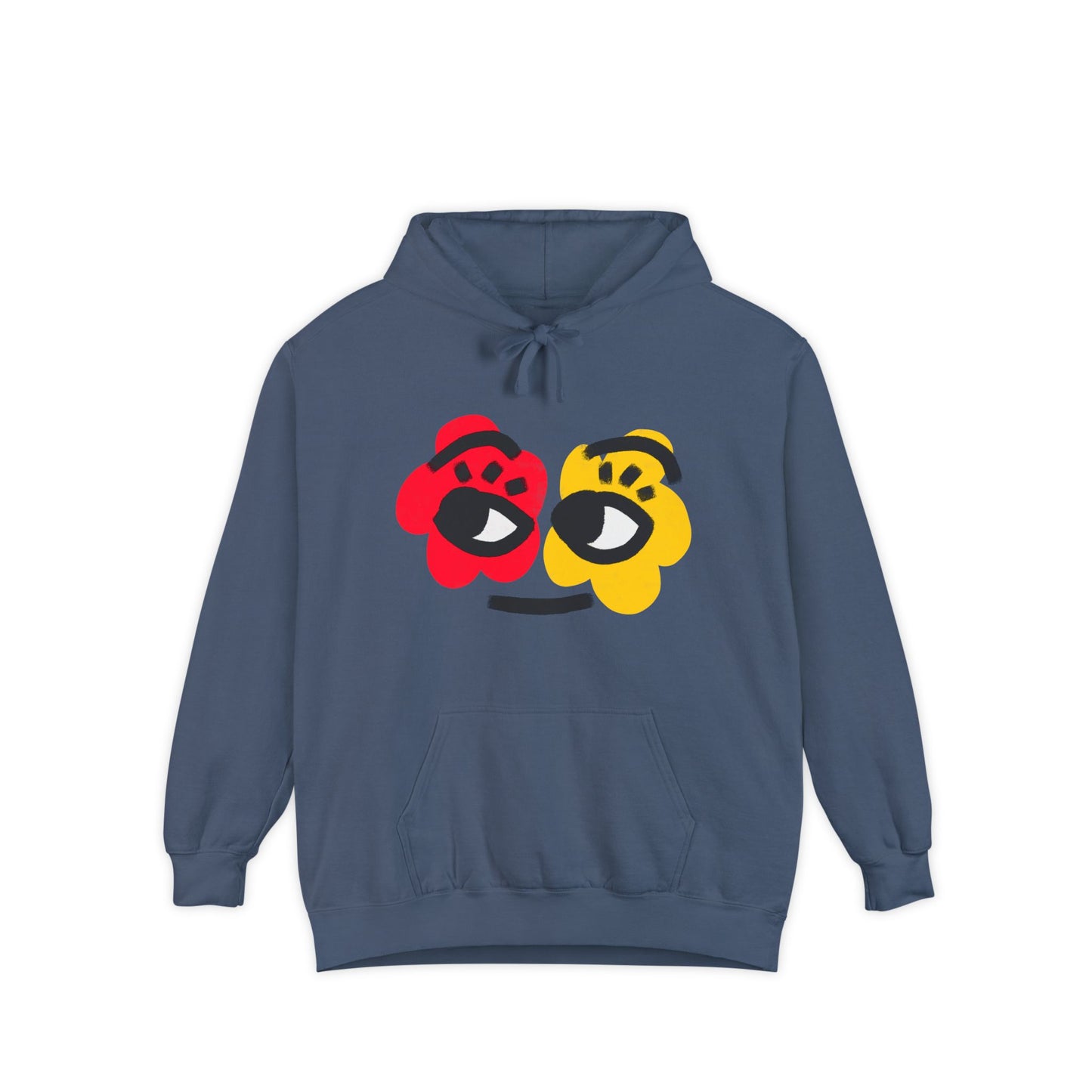 Hoodie — Playful Two-Flower Face Graphic (Red & Yellow)
