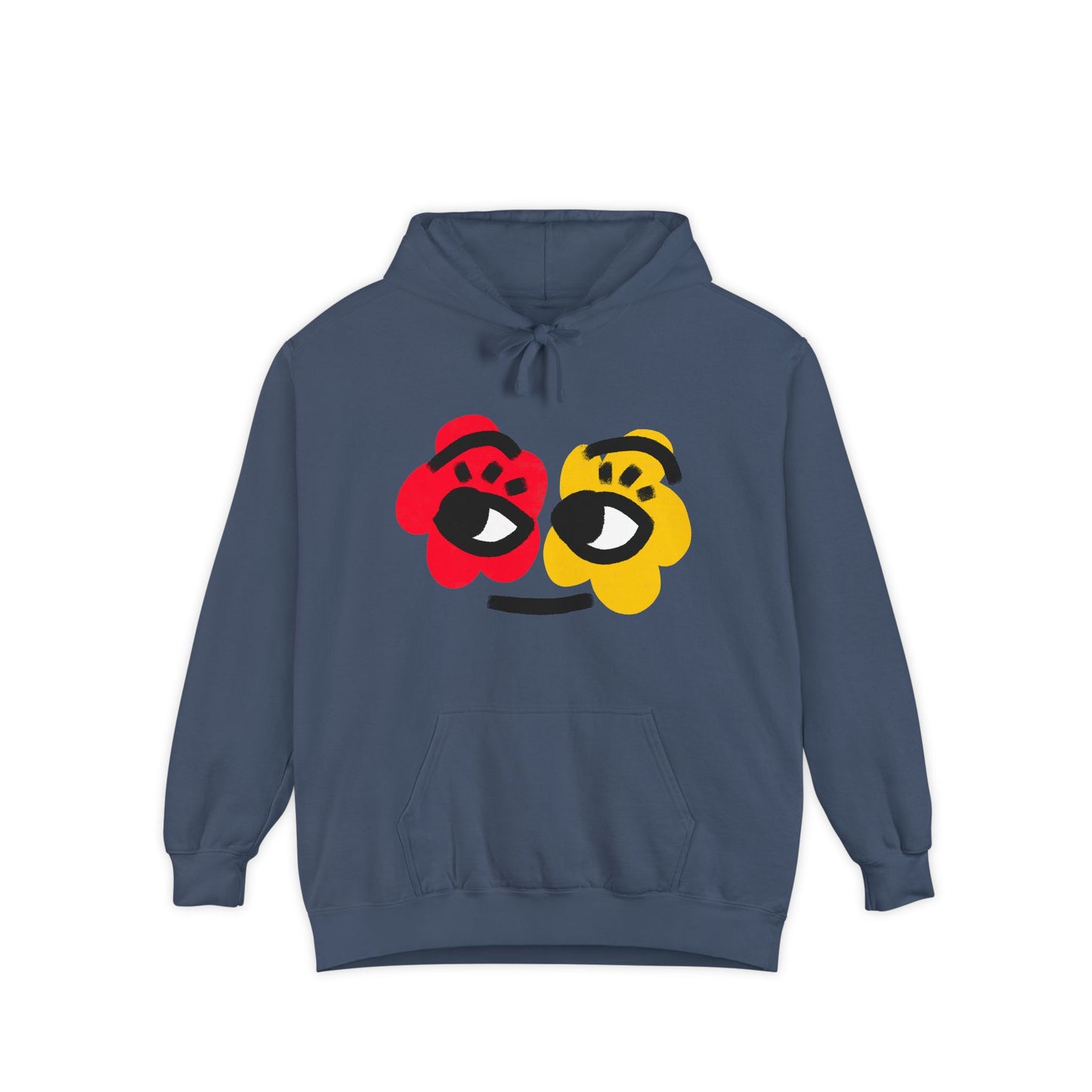Hoodie — Playful Two-Flower Face Graphic (Red & Yellow)