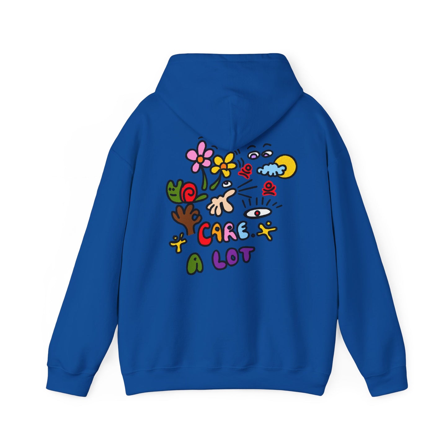 Care A Lot Hoodie — Colorful Doodle Graphic Hooded Sweatshirt