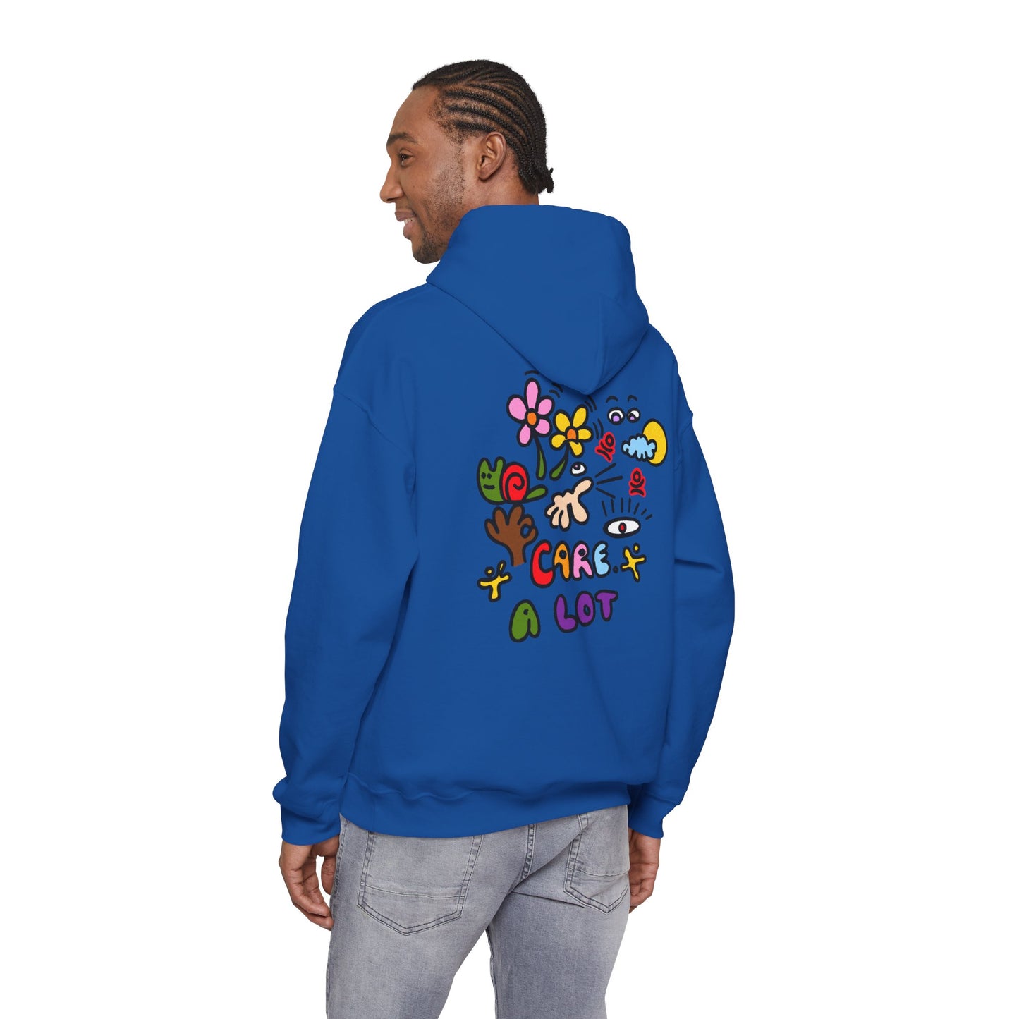 Care A Lot Hoodie — Colorful Doodle Graphic Hooded Sweatshirt