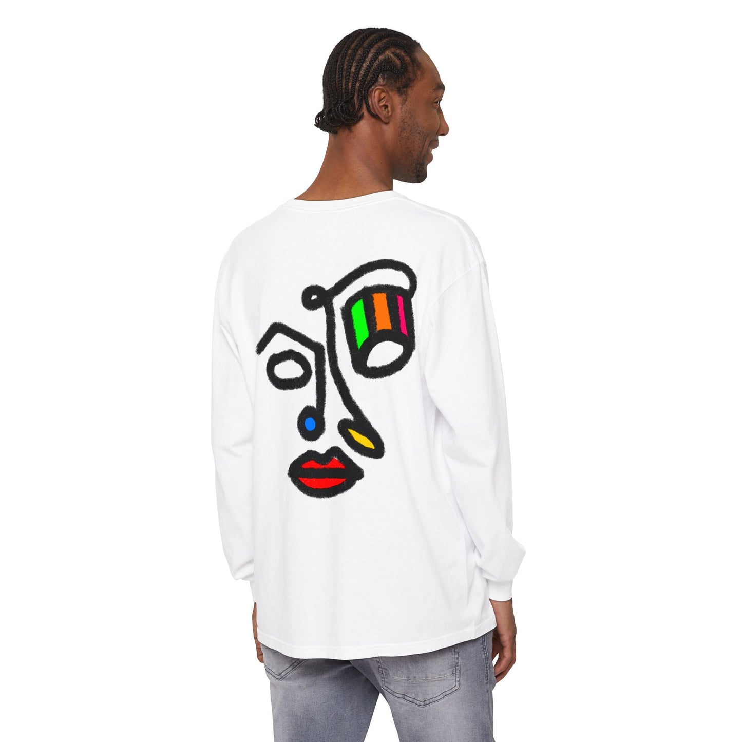 Abstract Face Long Sleeve Tee — Color Block Minimalist Art Print