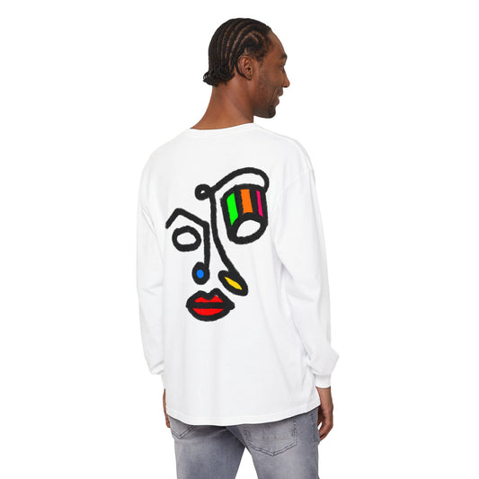 Abstract Face Long Sleeve Tee — Color Block Minimalist Art Print