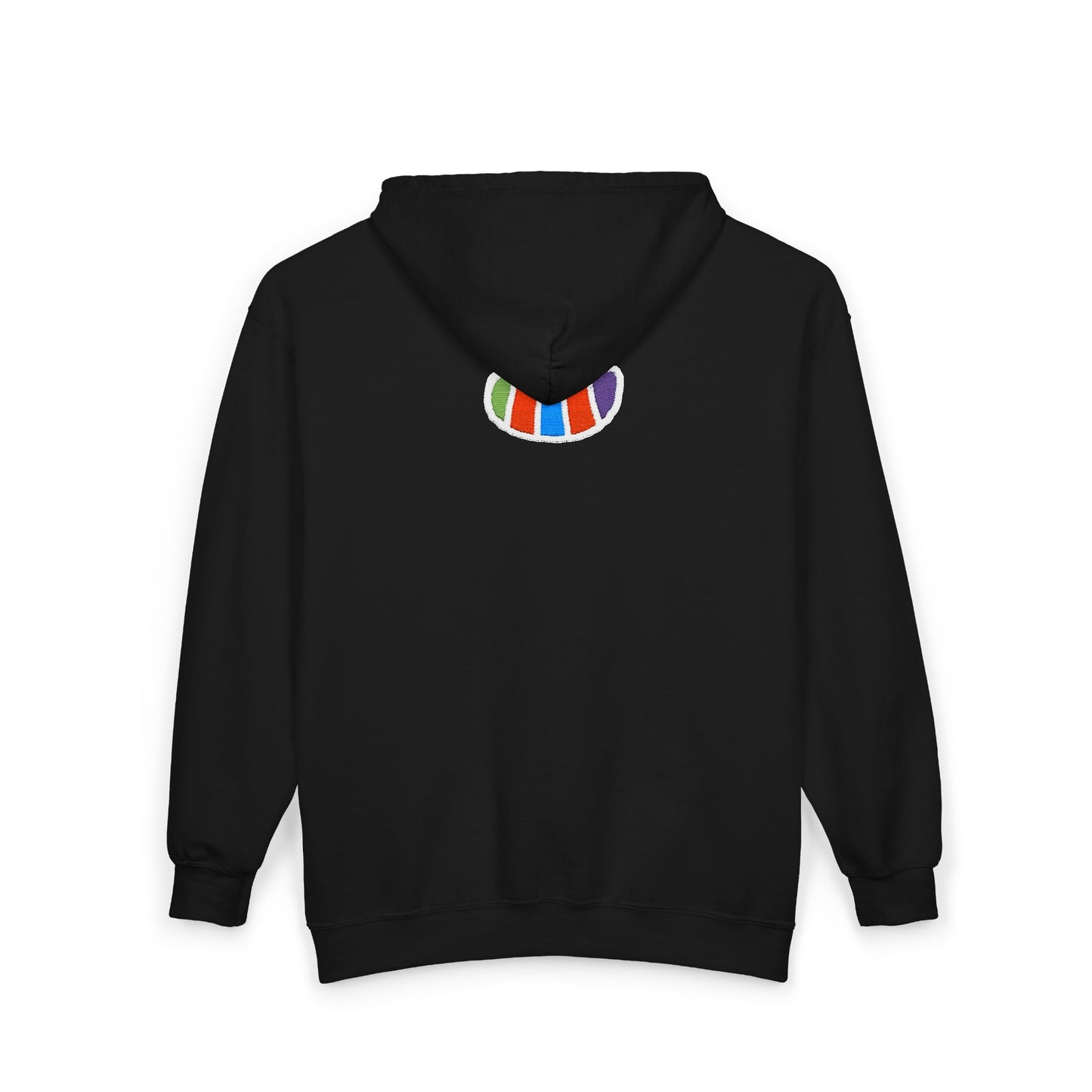 Black Full-Zip Hoodie with Colorful Smiling Bean Back Graphic