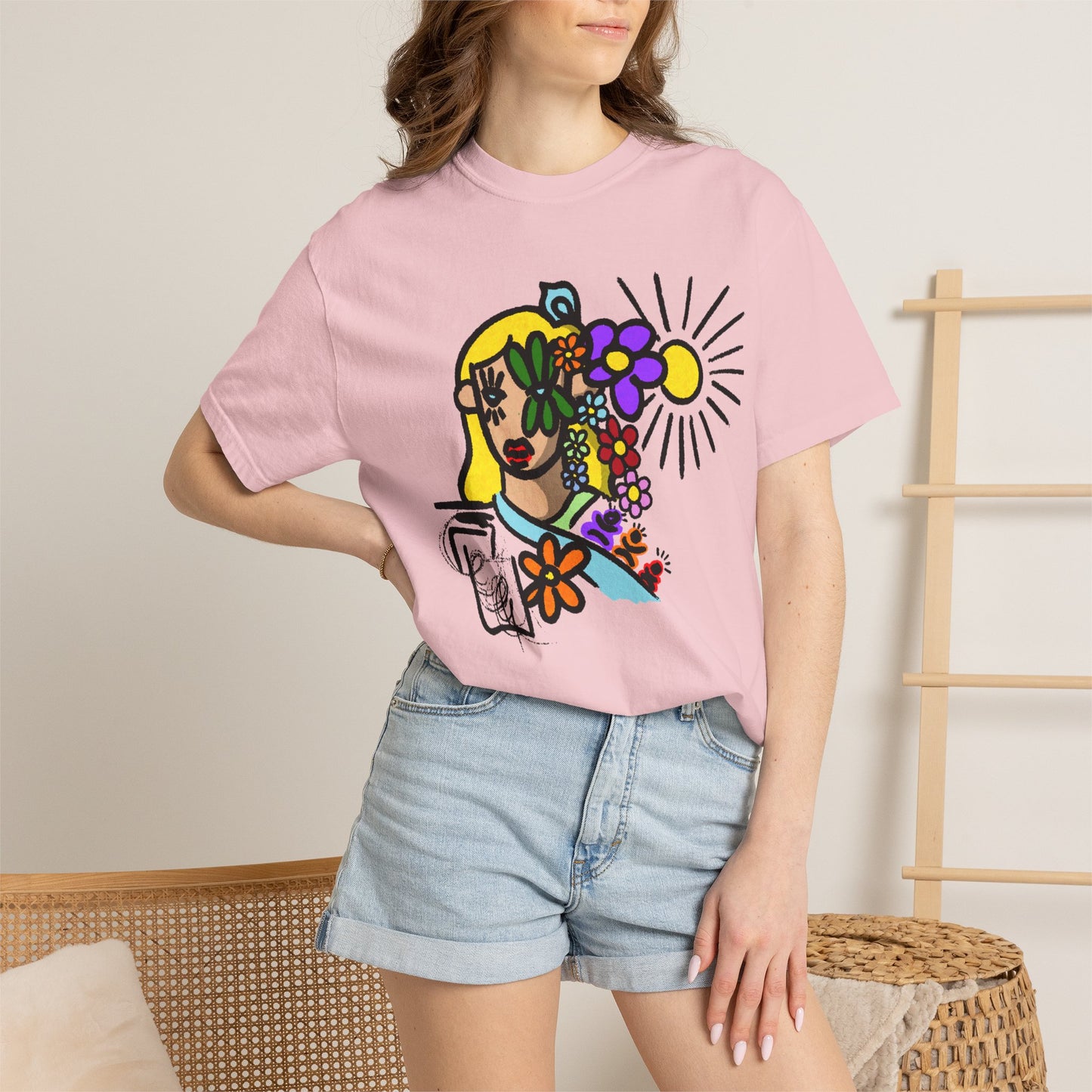 Floral Sunface T-Shirt — Colorful Abstract Flower Portrait Tee