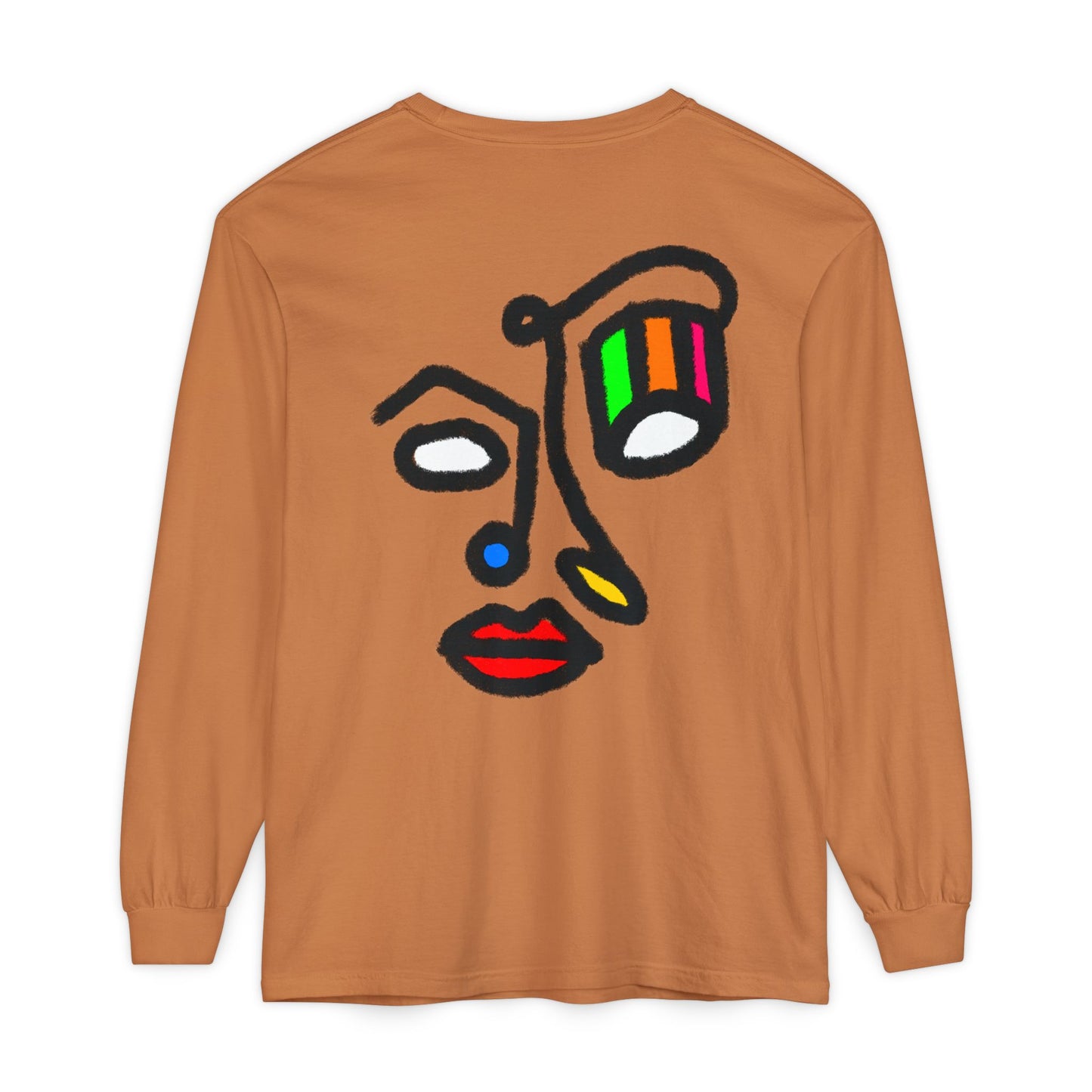 Abstract Face Long Sleeve Tee — Color Block Minimalist Art Print