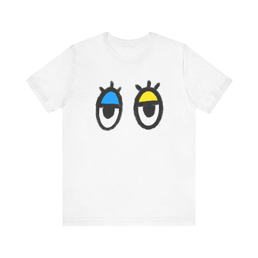 Drowsy Eyes Graphic Tee — Blue & Yellow Eyelid Cartoon T-Shirt