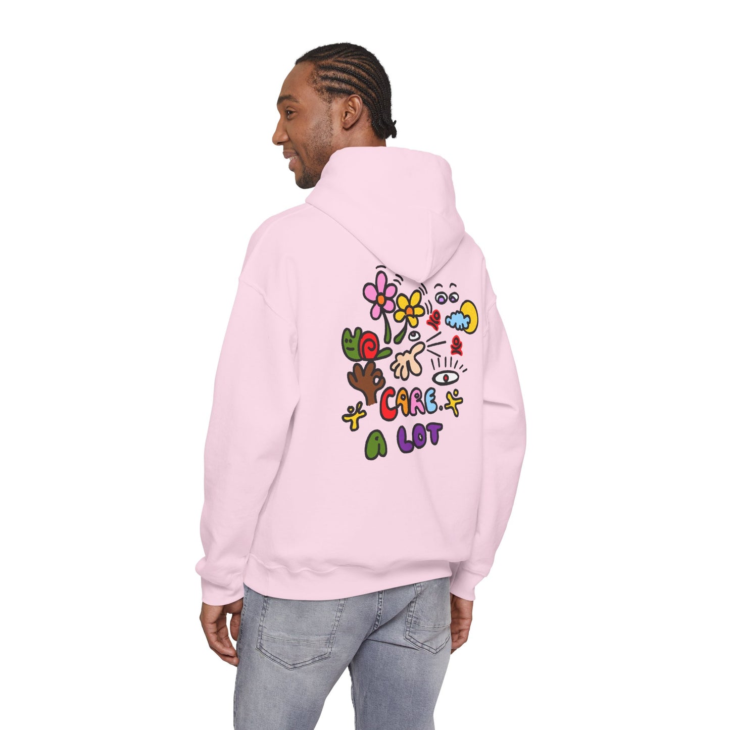 Care A Lot Hoodie — Colorful Doodle Graphic Hooded Sweatshirt