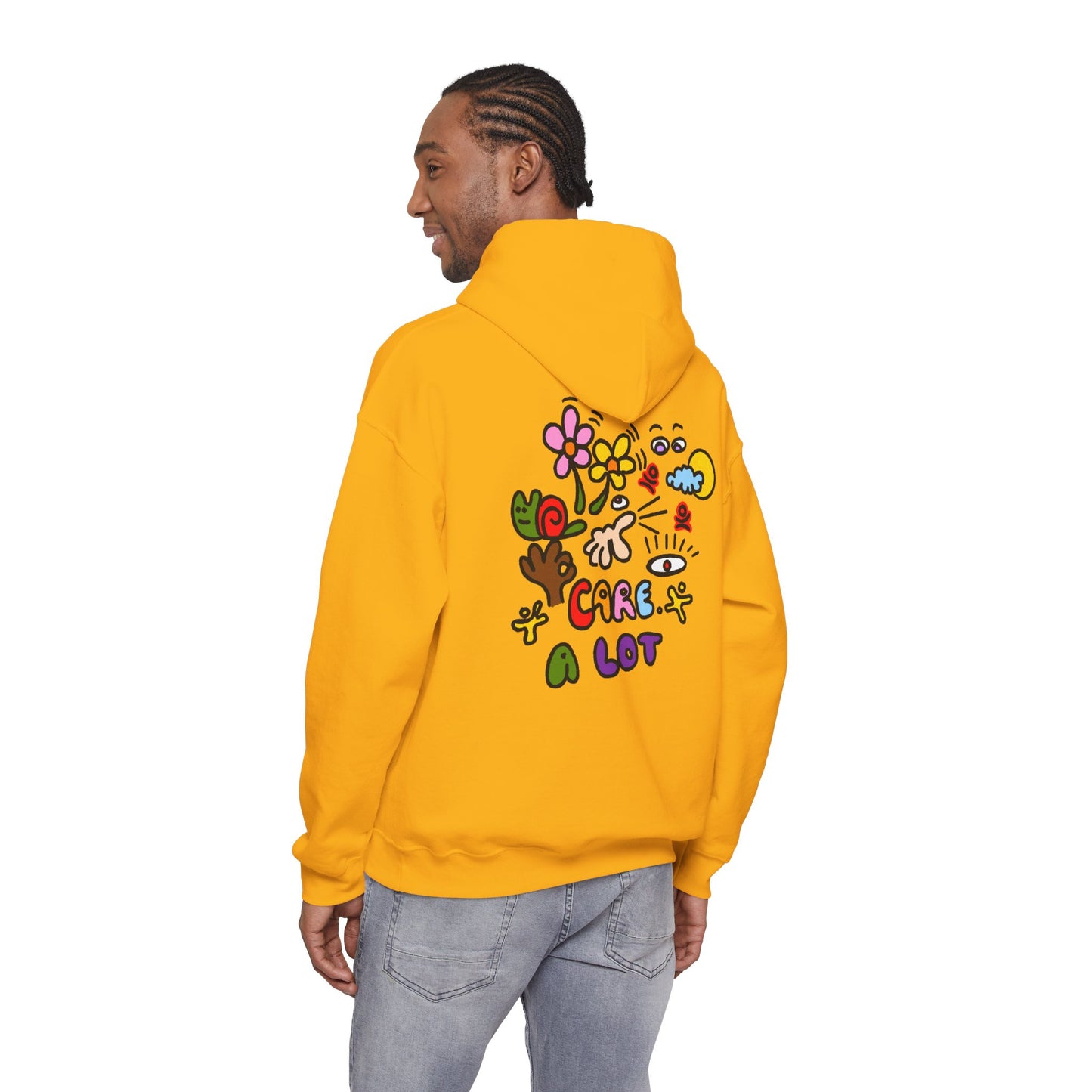 Care A Lot Hoodie — Colorful Doodle Graphic Hooded Sweatshirt