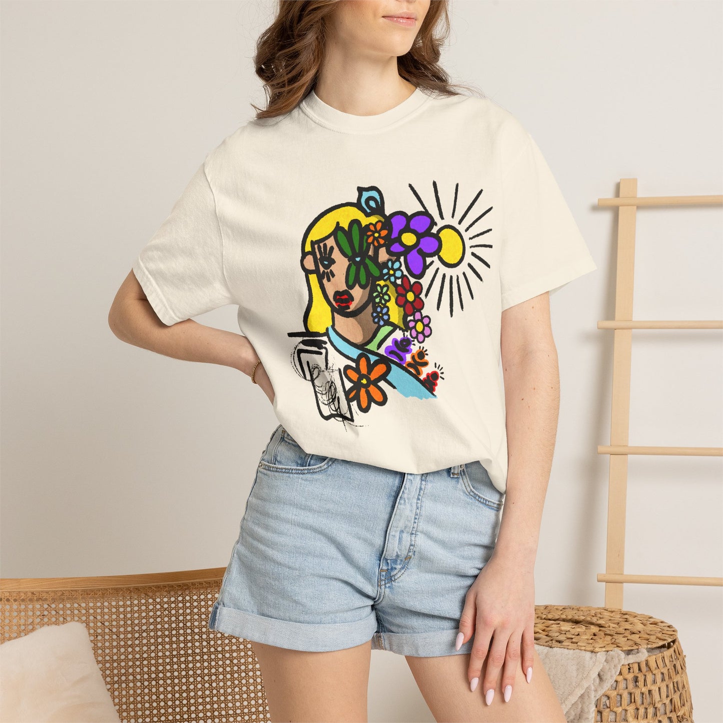 Floral Sunface T-Shirt — Colorful Abstract Flower Portrait Tee