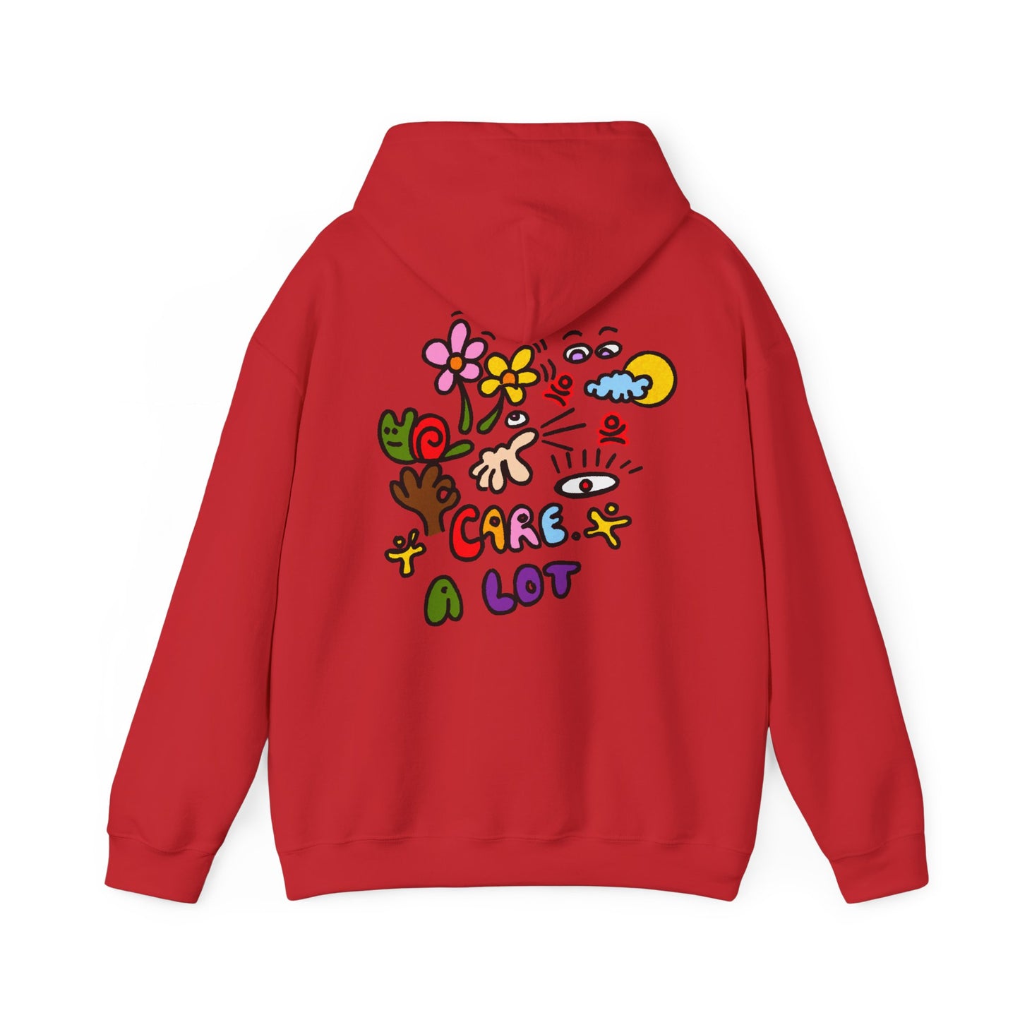 Care A Lot Hoodie — Colorful Doodle Graphic Hooded Sweatshirt