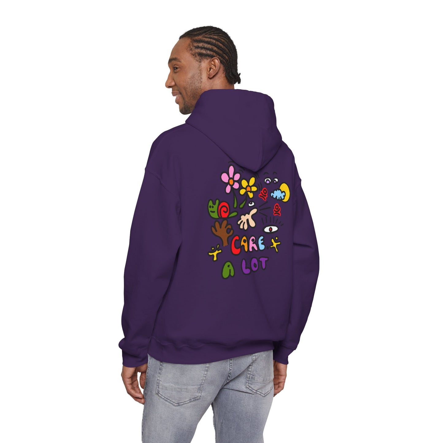 Care A Lot Hoodie — Colorful Doodle Graphic Hooded Sweatshirt