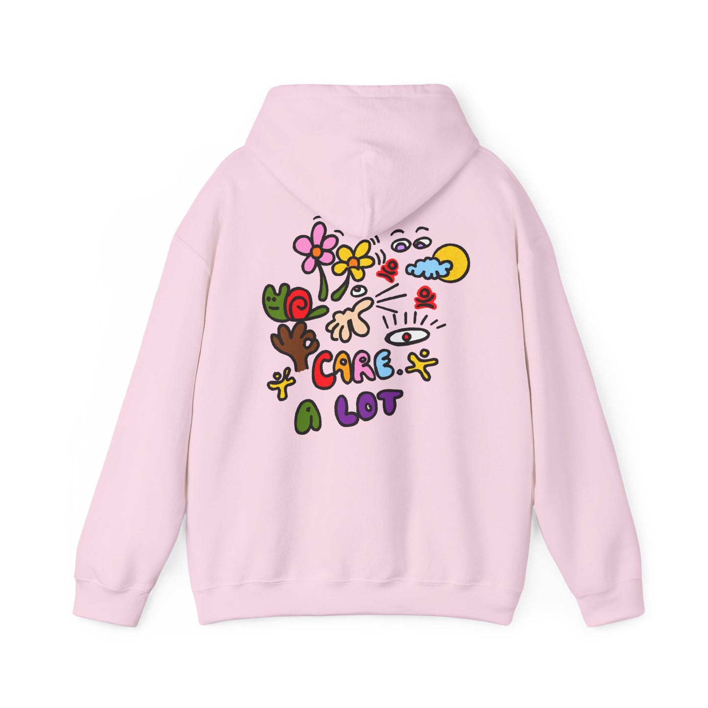 Care A Lot Hoodie — Colorful Doodle Graphic Hooded Sweatshirt