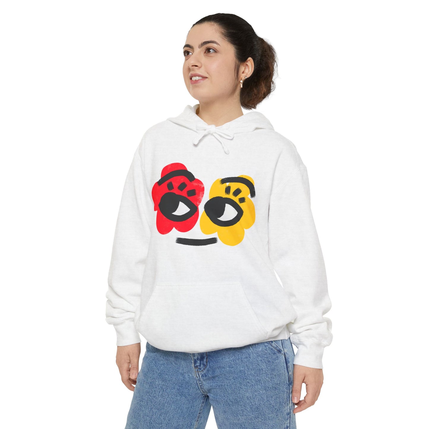Hoodie — Playful Two-Flower Face Graphic (Red & Yellow)