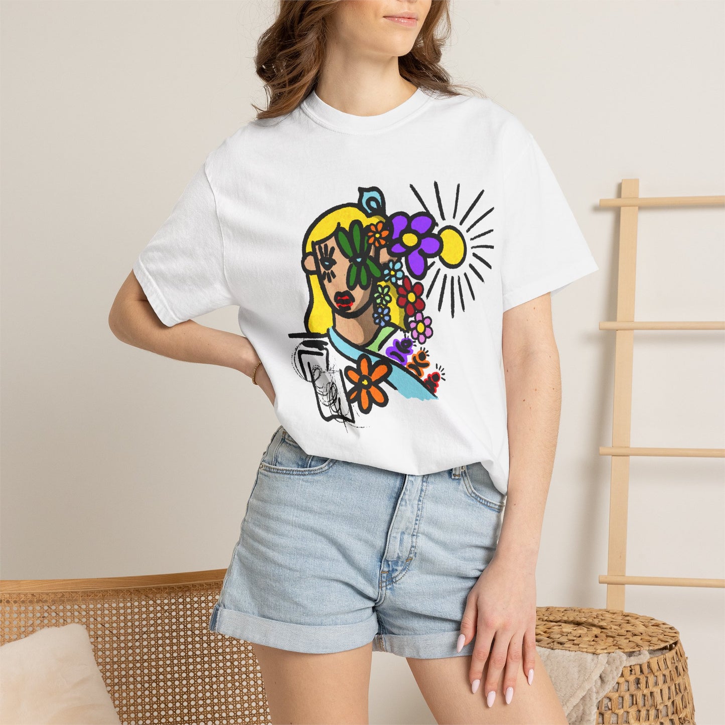 Floral Sunface T-Shirt — Colorful Abstract Flower Portrait Tee