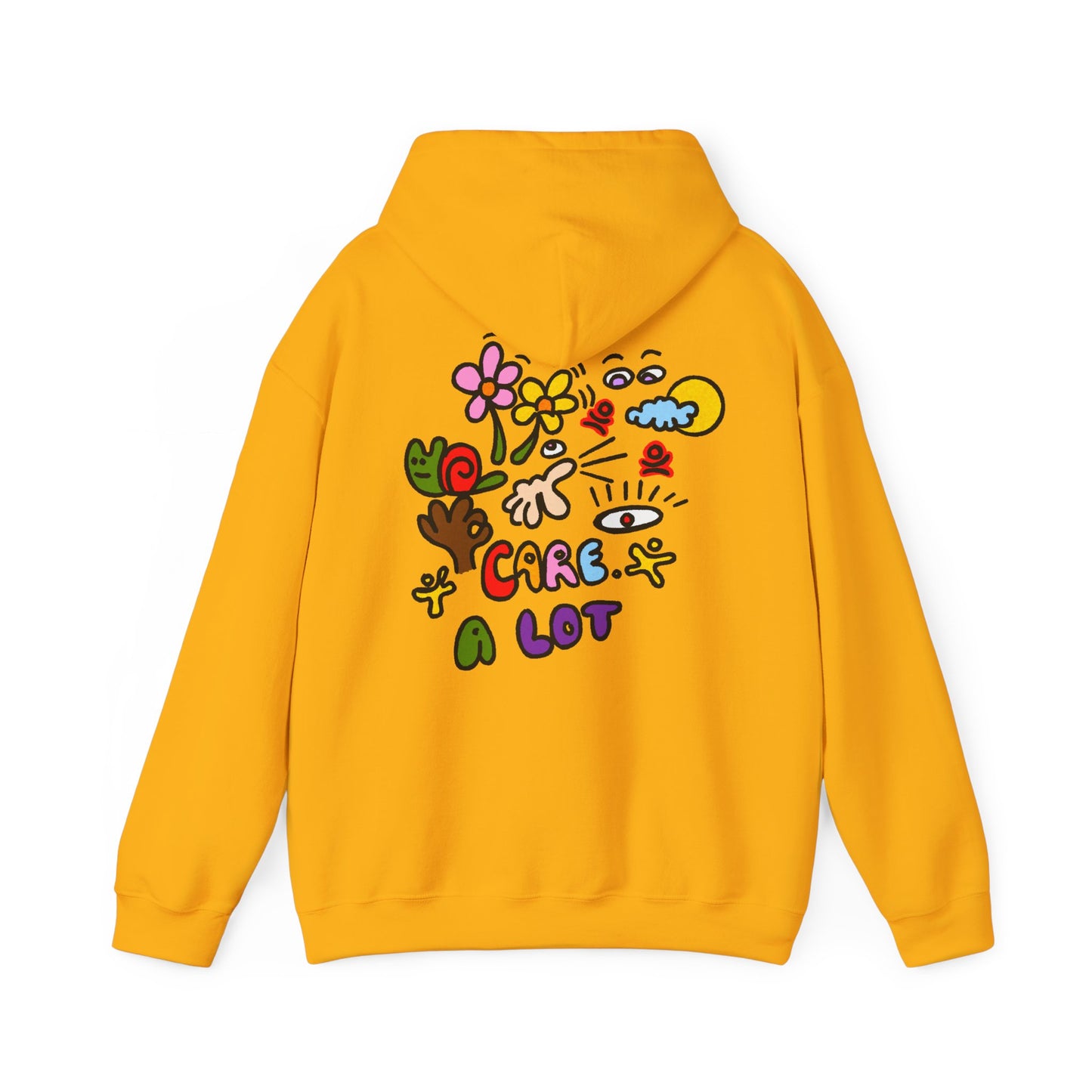 Care A Lot Hoodie — Colorful Doodle Graphic Hooded Sweatshirt