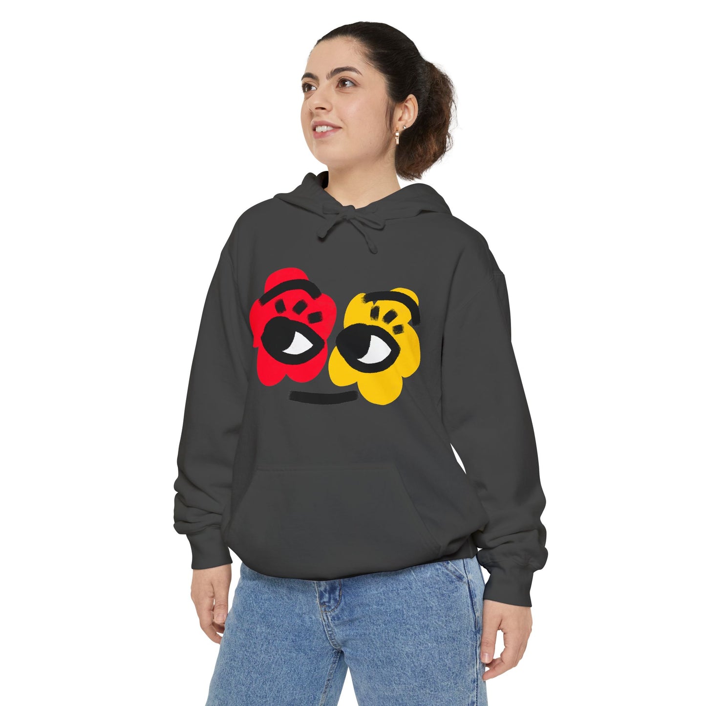 Hoodie — Playful Two-Flower Face Graphic (Red & Yellow)