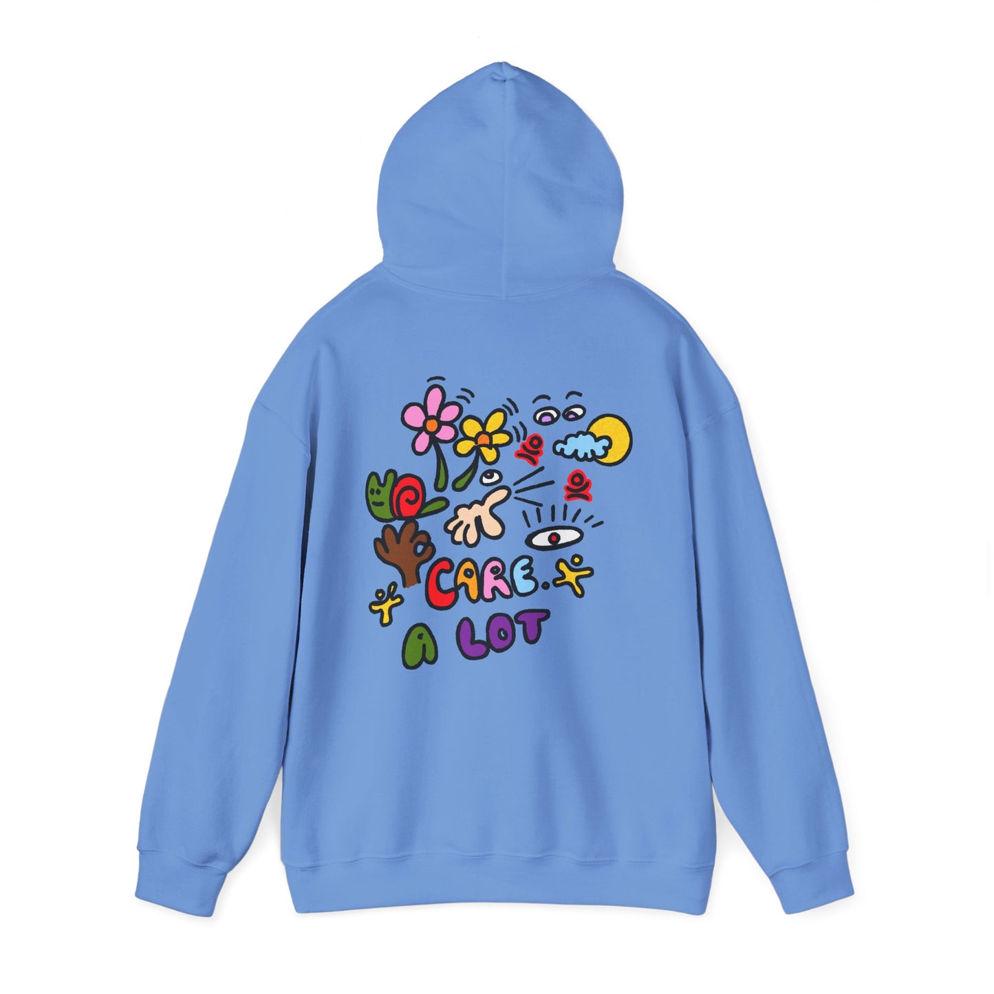 Care A Lot Hoodie — Colorful Doodle Graphic Hooded Sweatshirt