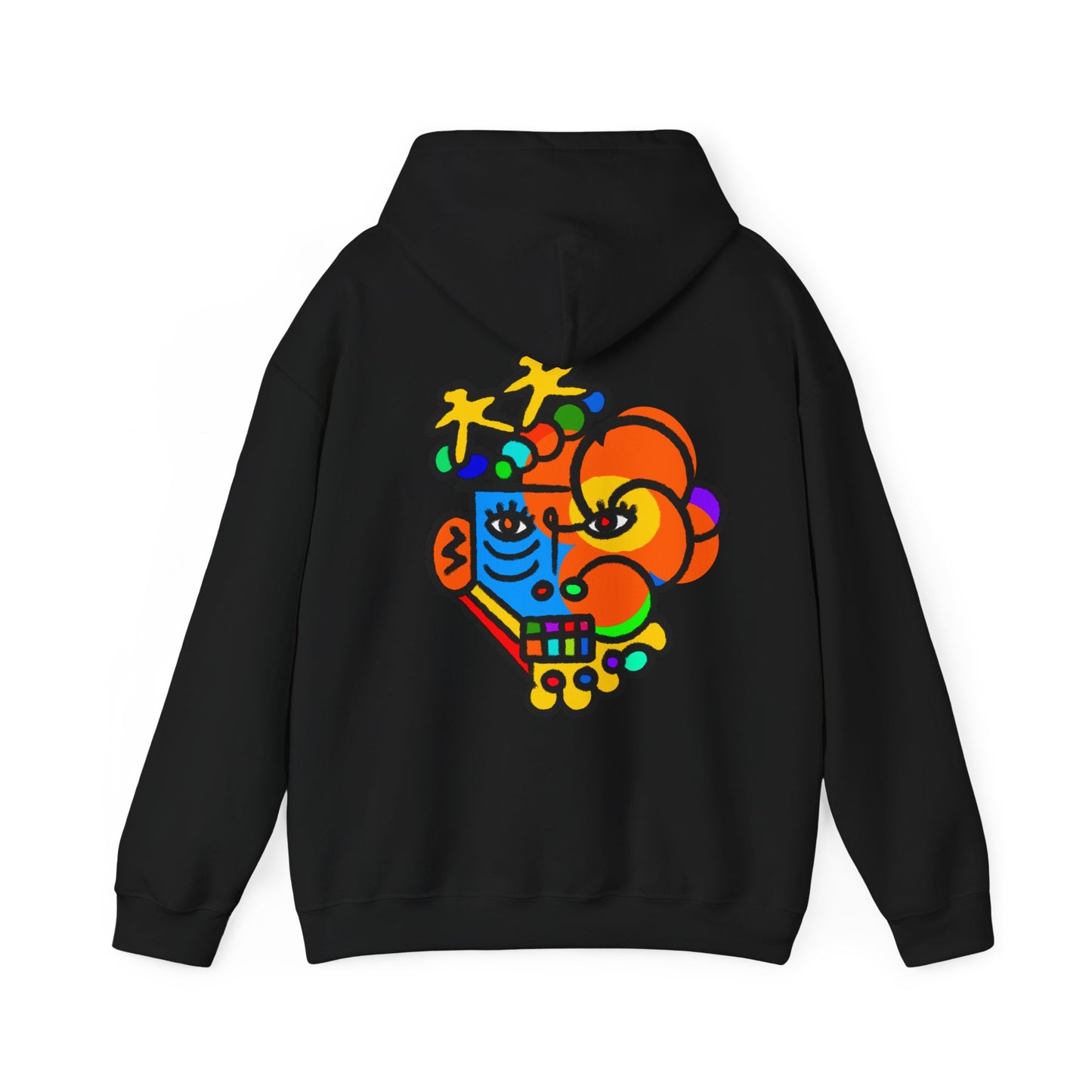 Abstract Colorful Heart Hoodie — Vibrant Pop Art Floral Back Graphic