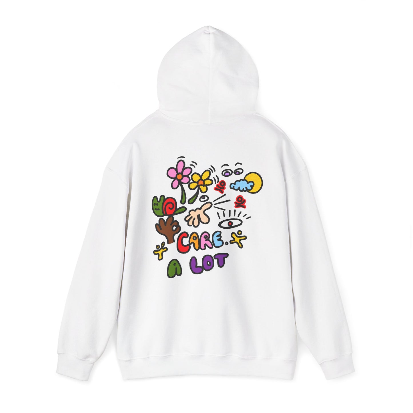Care A Lot Hoodie — Colorful Doodle Graphic Hooded Sweatshirt