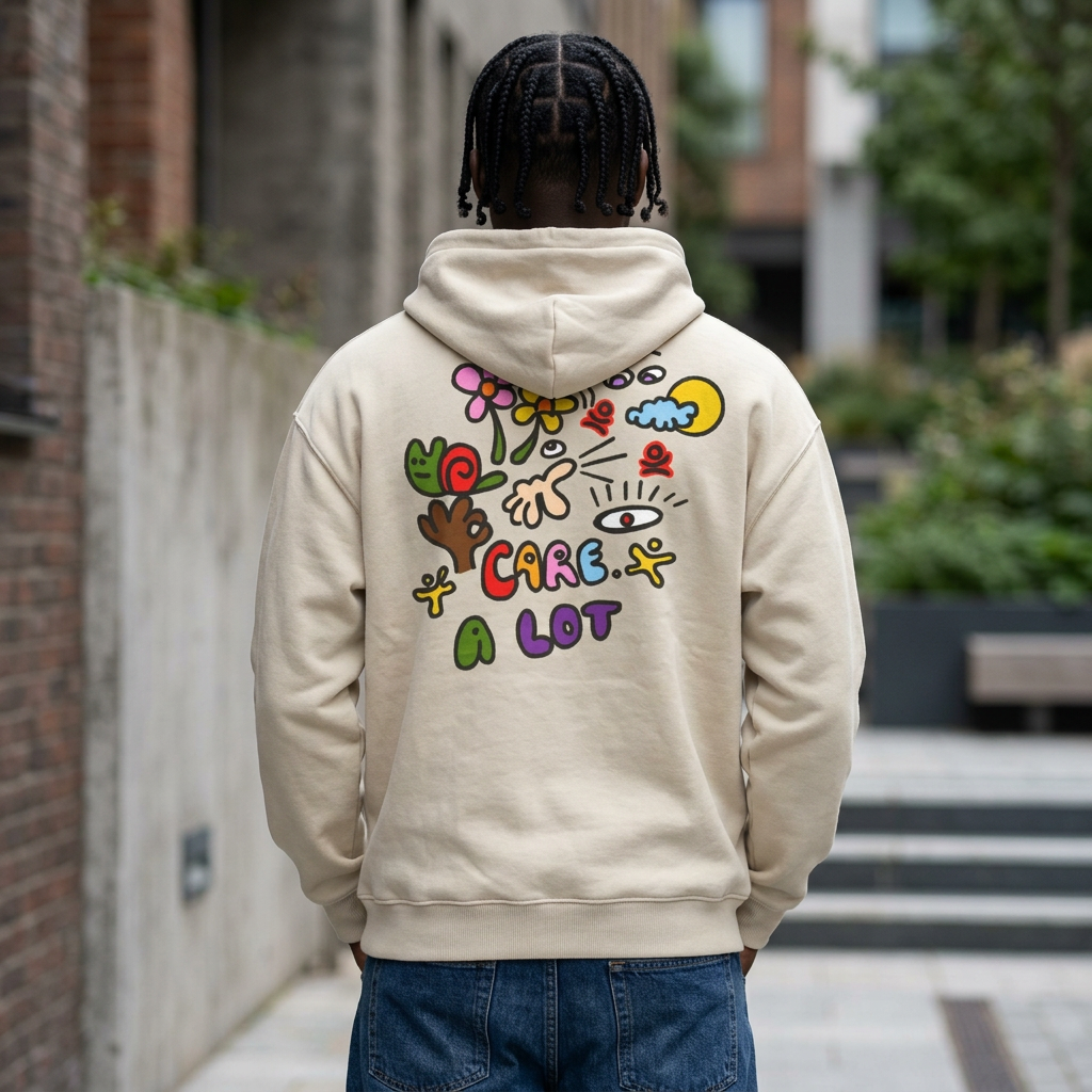 Care A Lot Hoodie — Colorful Doodle Graphic Hooded Sweatshirt