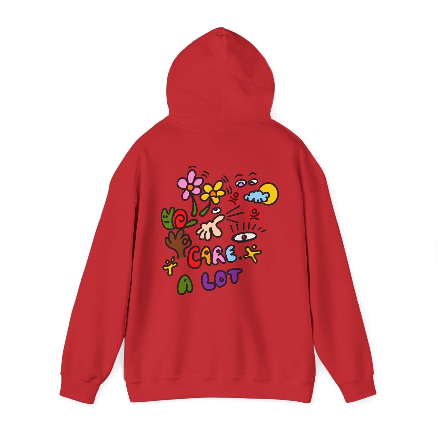 Care A Lot Hoodie — Colorful Doodle Graphic Hooded Sweatshirt