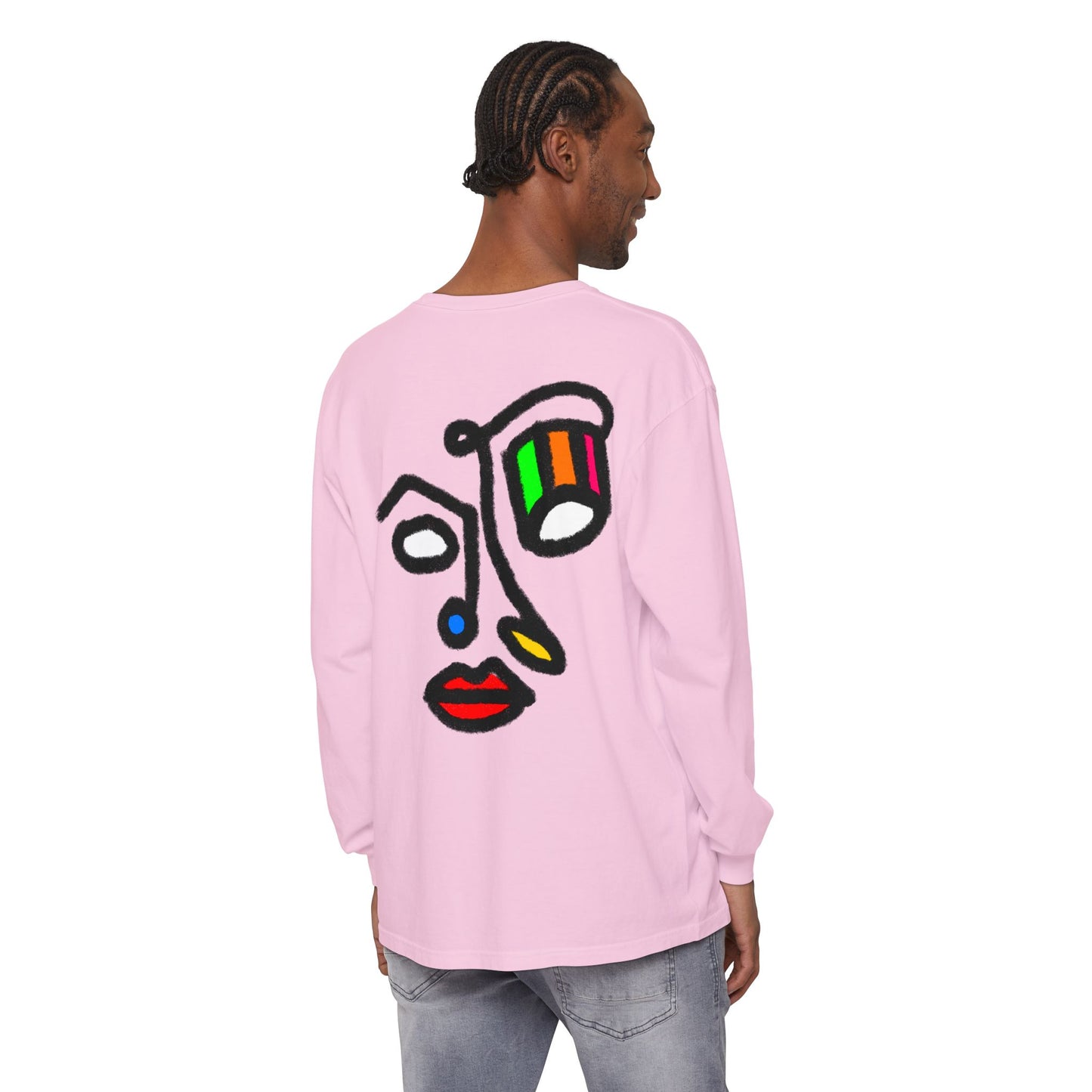 Abstract Face Long Sleeve Tee — Color Block Minimalist Art Print