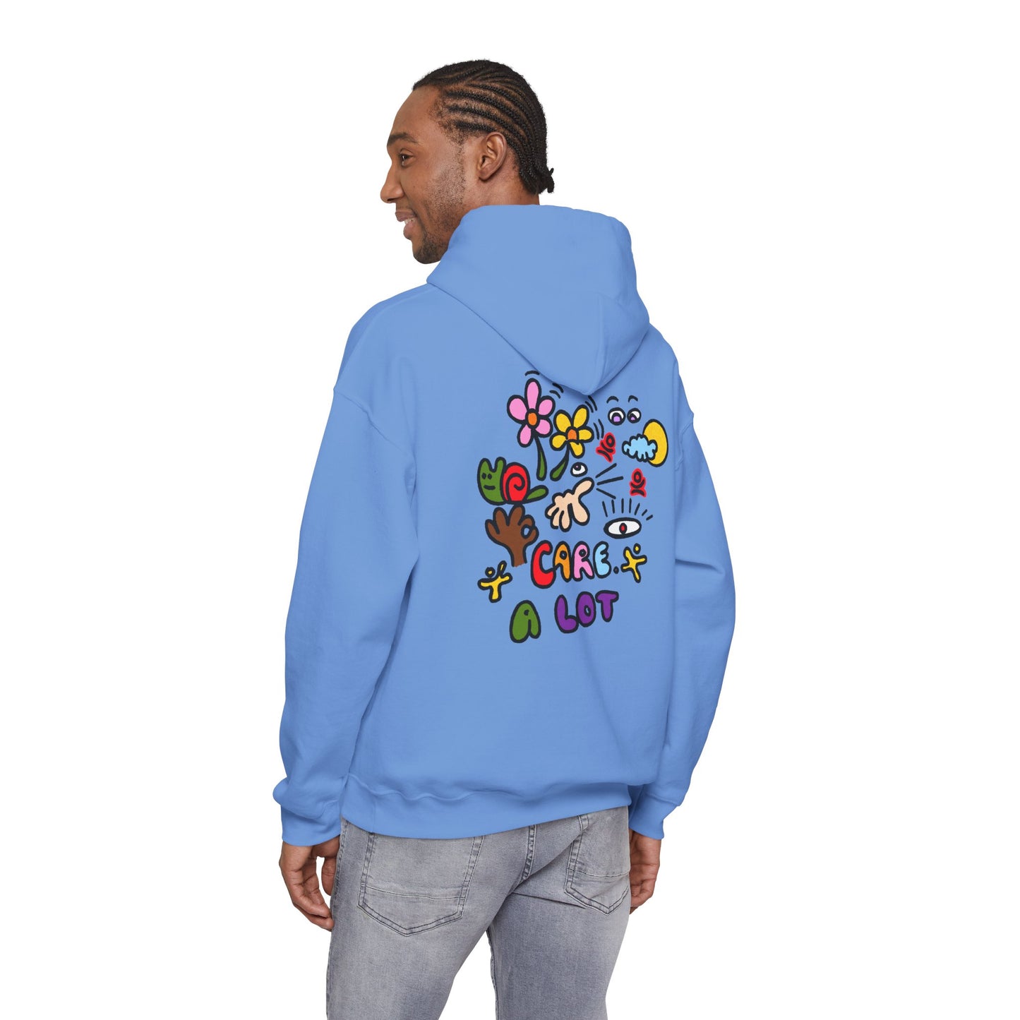 Care A Lot Hoodie — Colorful Doodle Graphic Hooded Sweatshirt