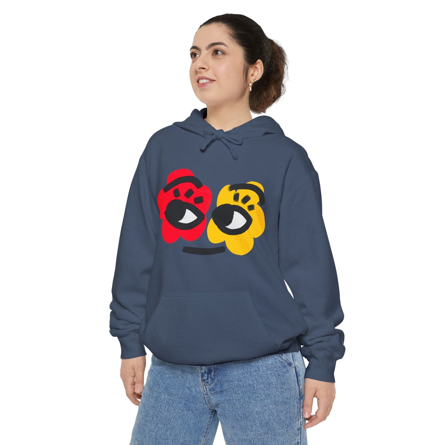 Hoodie — Playful Two-Flower Face Graphic (Red & Yellow)