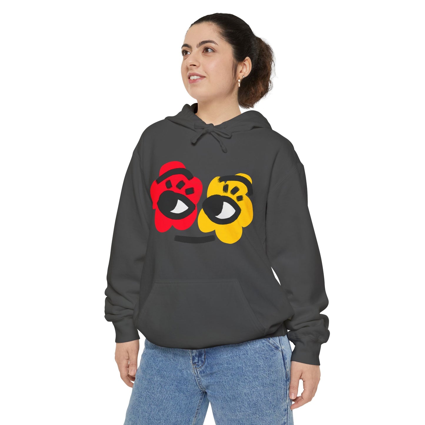 Hoodie — Playful Two-Flower Face Graphic (Red & Yellow)