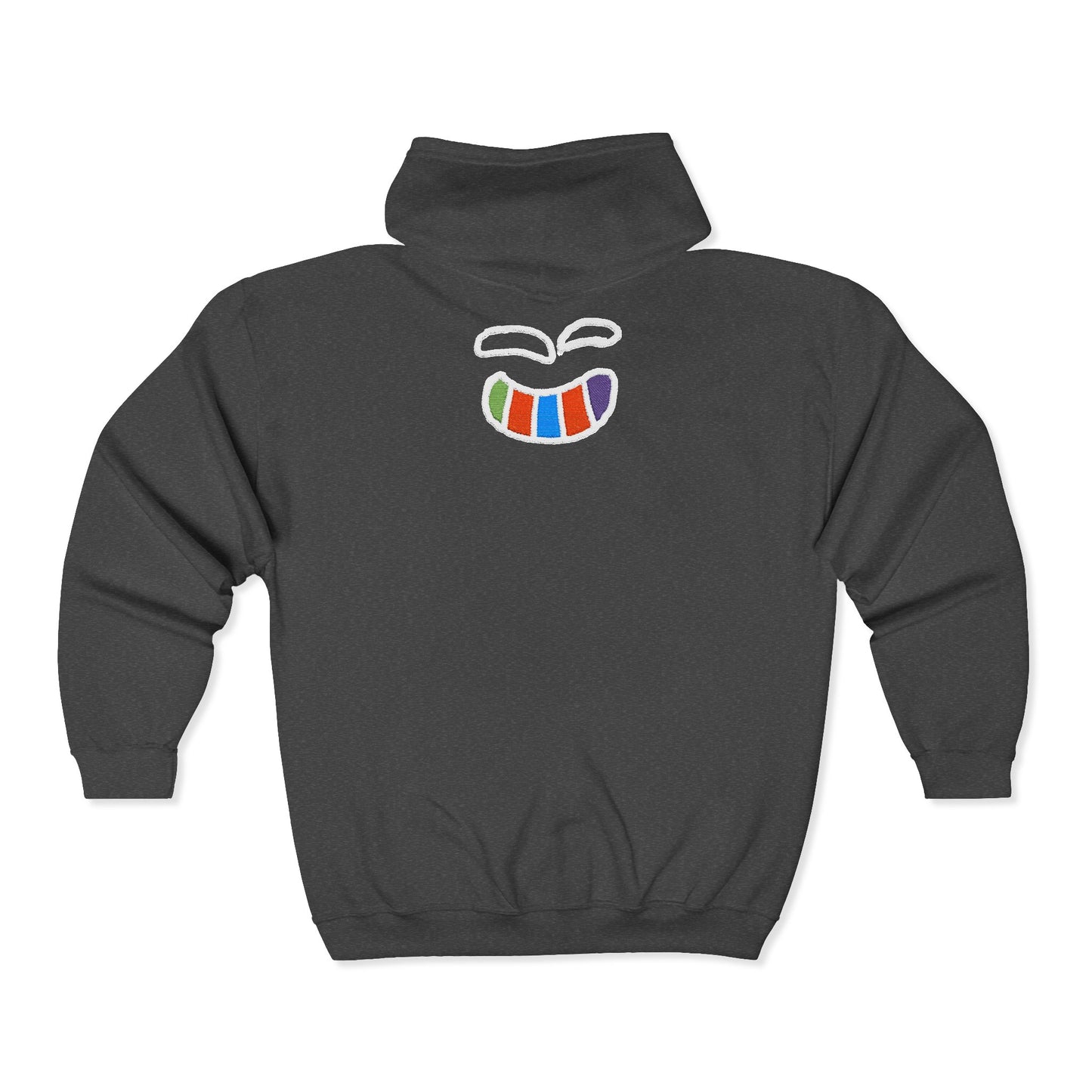 Black Full-Zip Hoodie with Colorful Smiling Bean Back Graphic
