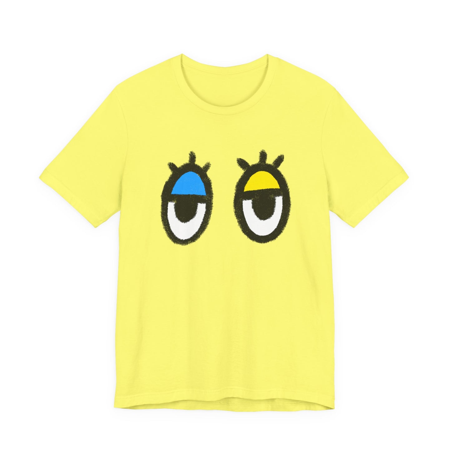 Drowsy Eyes Graphic Tee — Blue & Yellow Eyelid Cartoon T-Shirt