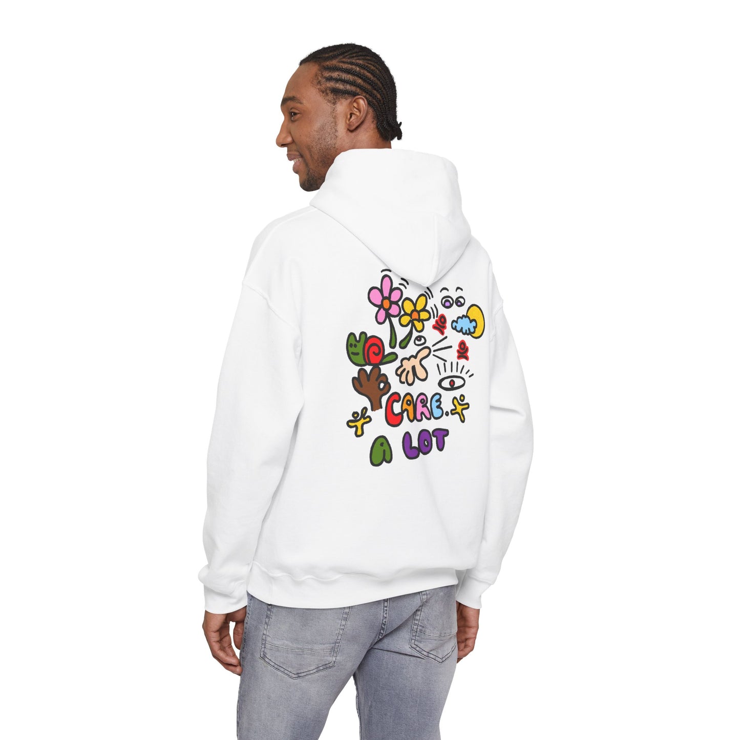 Care A Lot Hoodie — Colorful Doodle Graphic Hooded Sweatshirt