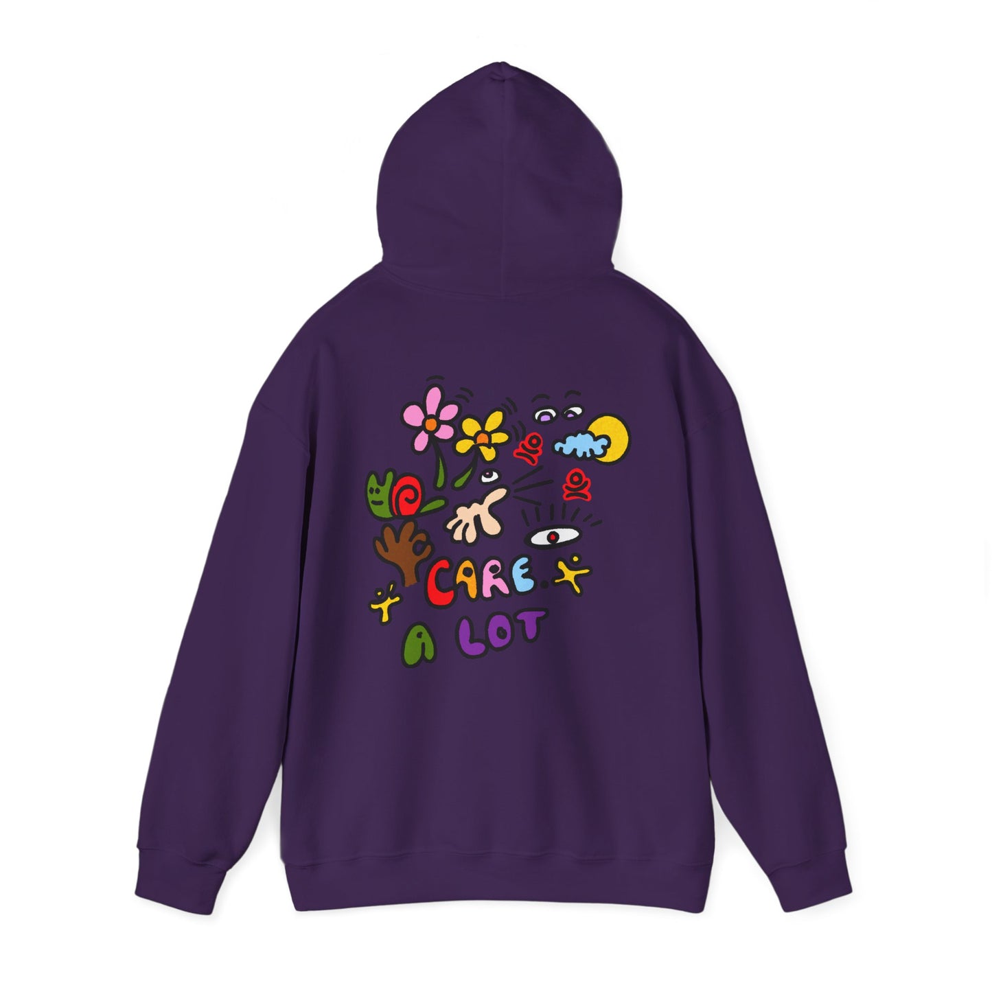 Care A Lot Hoodie — Colorful Doodle Graphic Hooded Sweatshirt