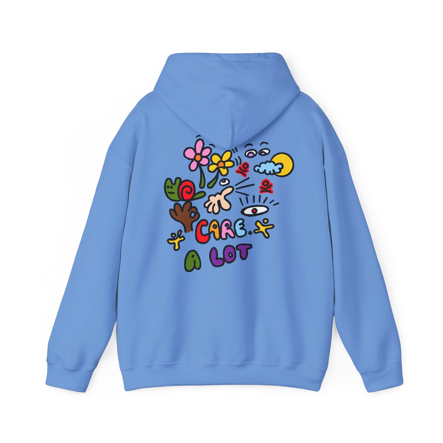 Care A Lot Hoodie — Colorful Doodle Graphic Hooded Sweatshirt
