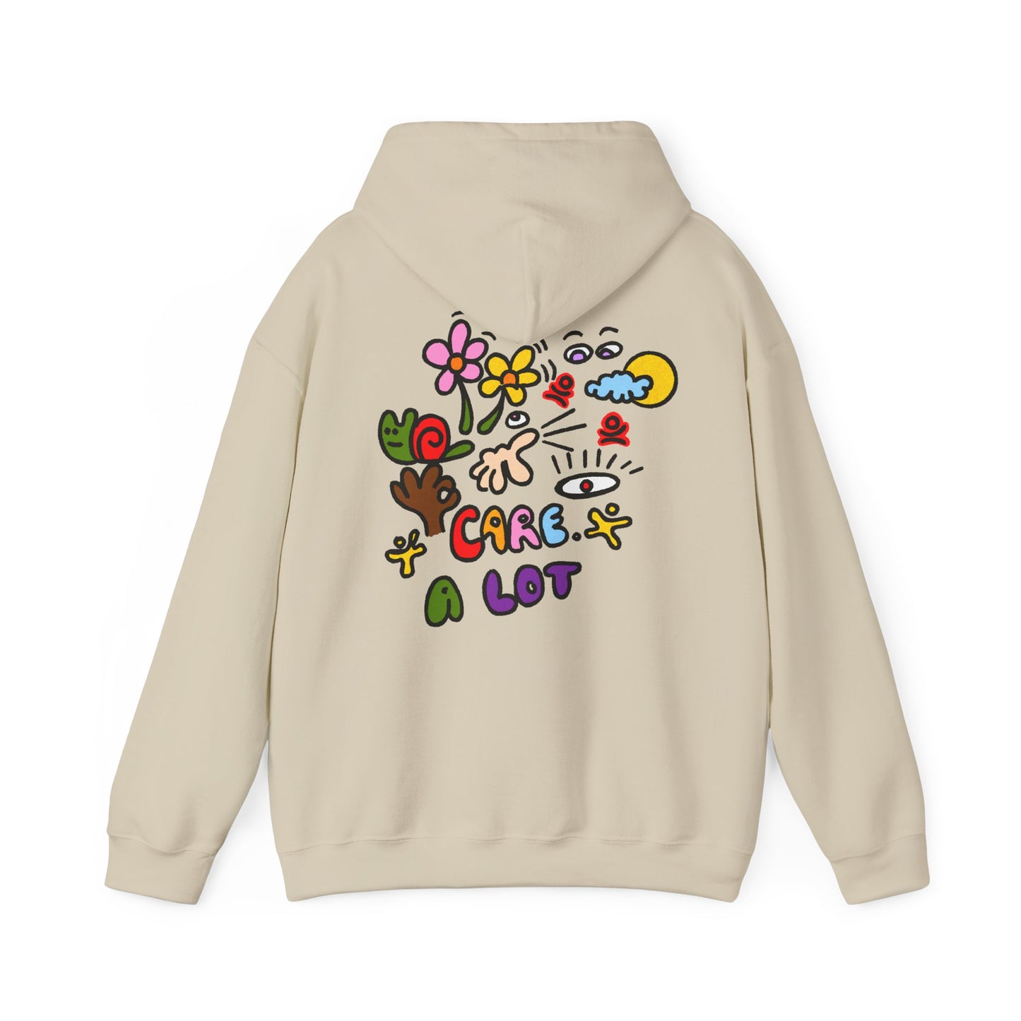 Care A Lot Hoodie — Colorful Doodle Graphic Hooded Sweatshirt