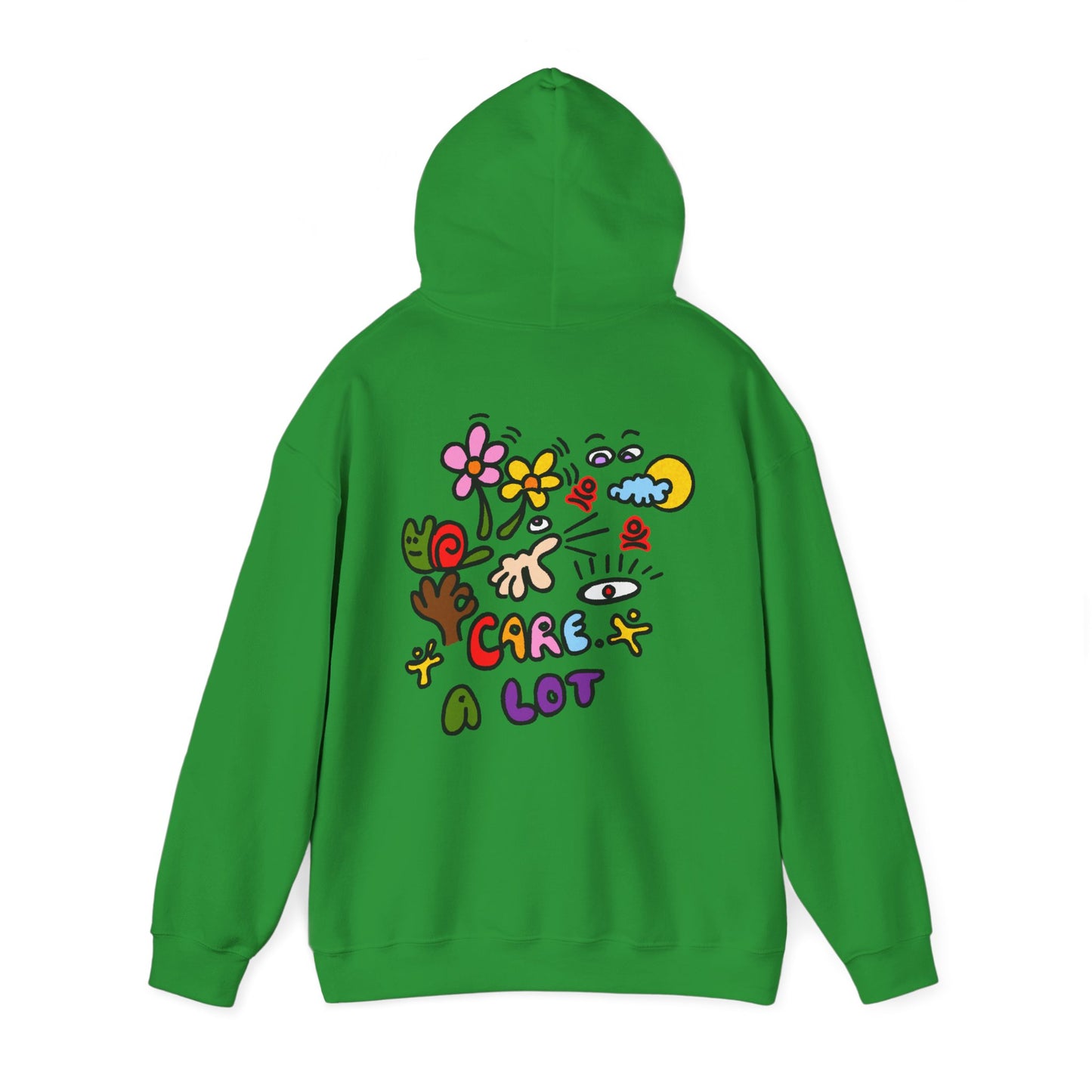Care A Lot Hoodie — Colorful Doodle Graphic Hooded Sweatshirt