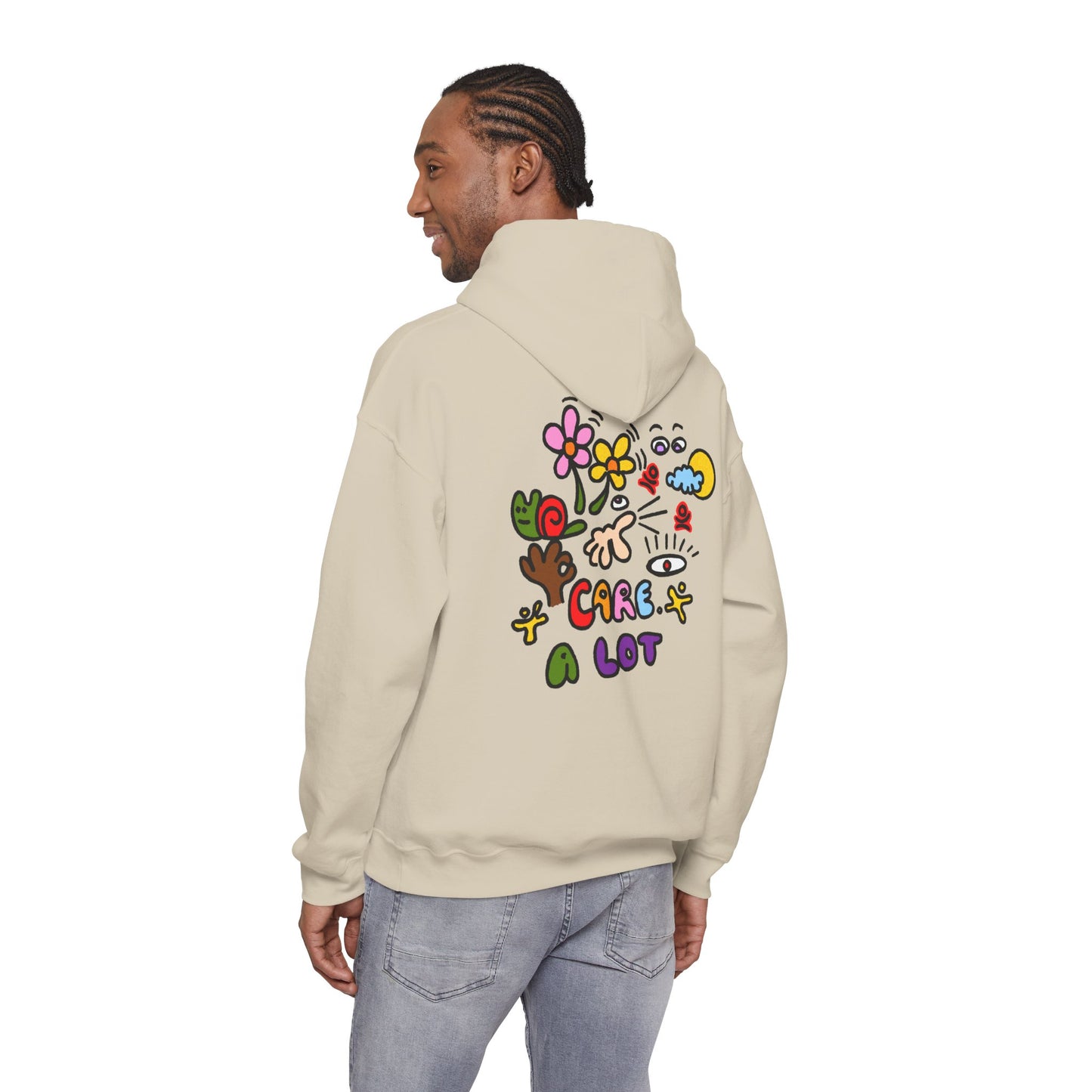 Care A Lot Hoodie — Colorful Doodle Graphic Hooded Sweatshirt