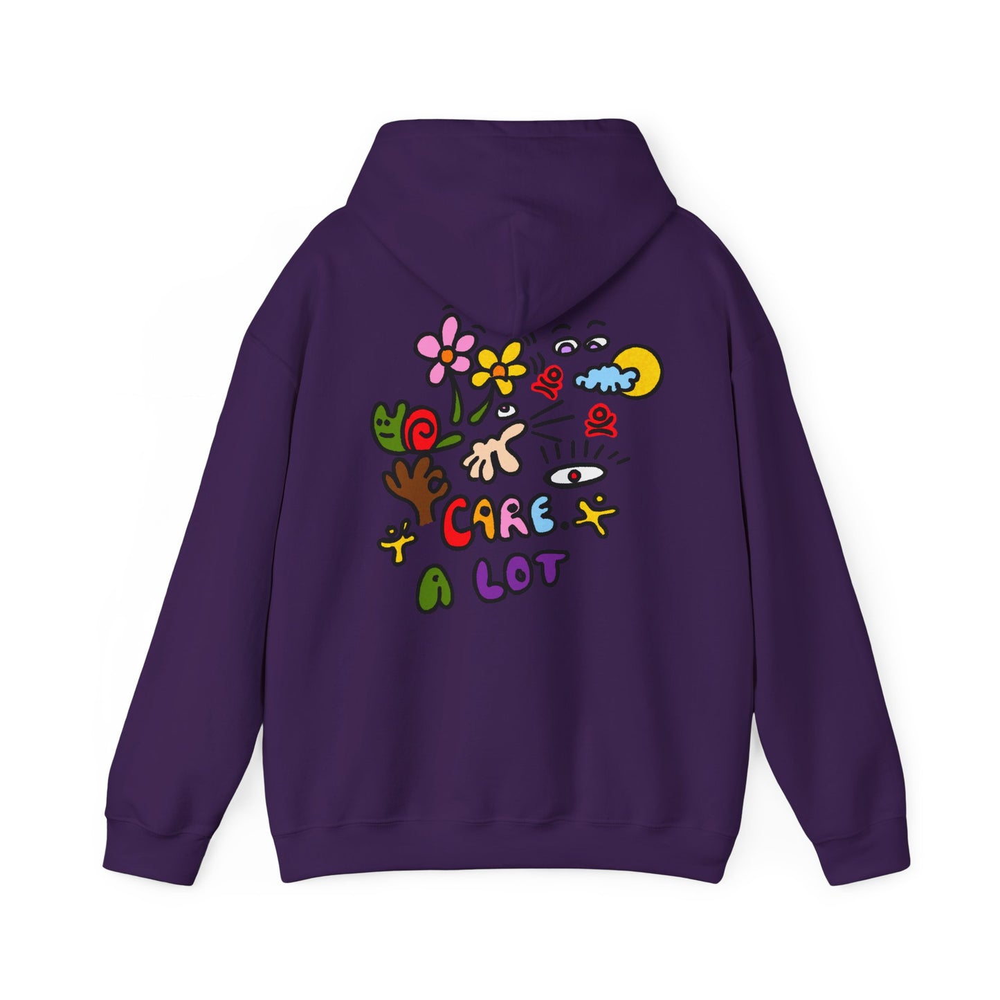 Care A Lot Hoodie — Colorful Doodle Graphic Hooded Sweatshirt