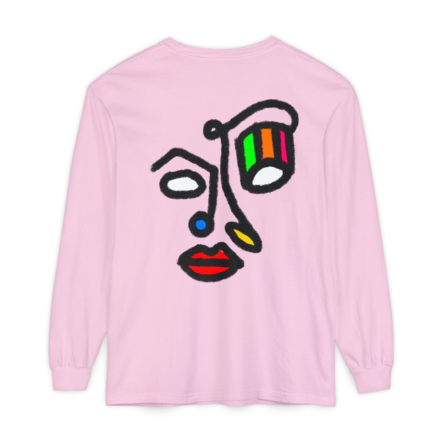 Abstract Face Long Sleeve Tee — Color Block Minimalist Art Print
