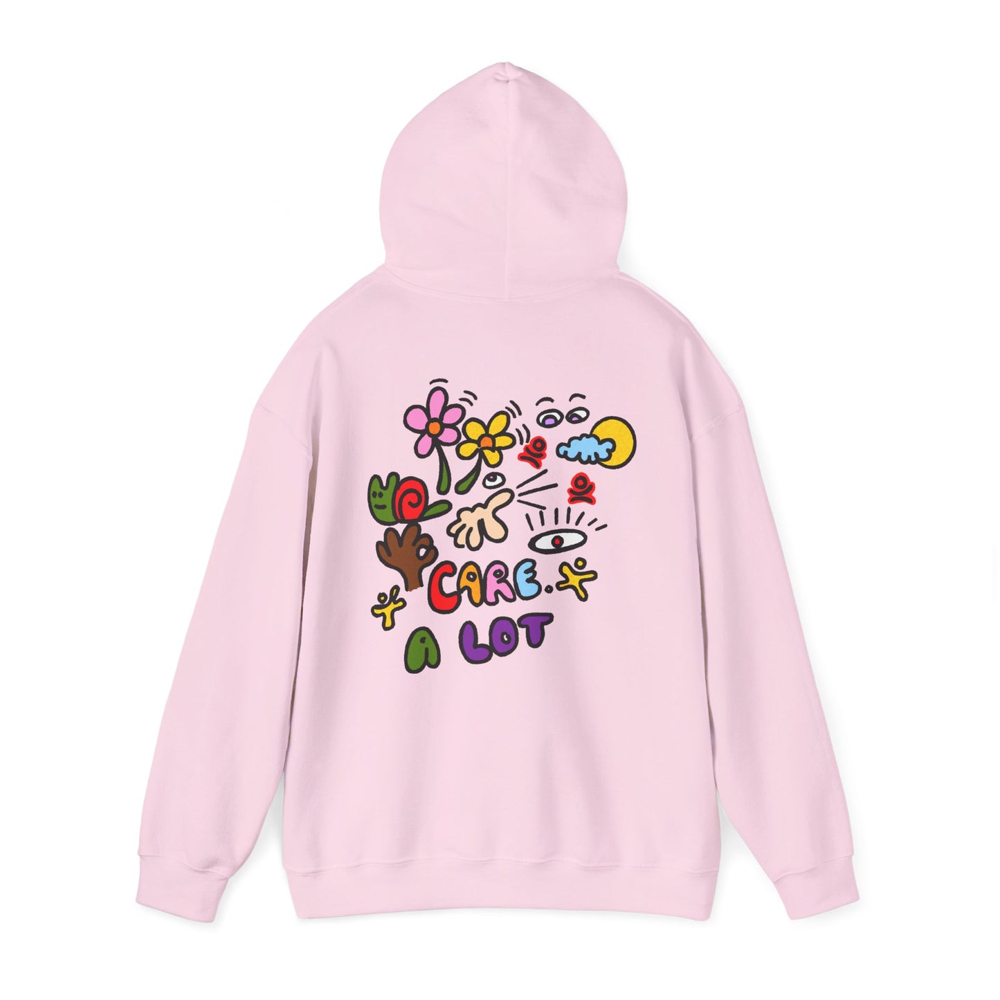 Care A Lot Hoodie — Colorful Doodle Graphic Hooded Sweatshirt