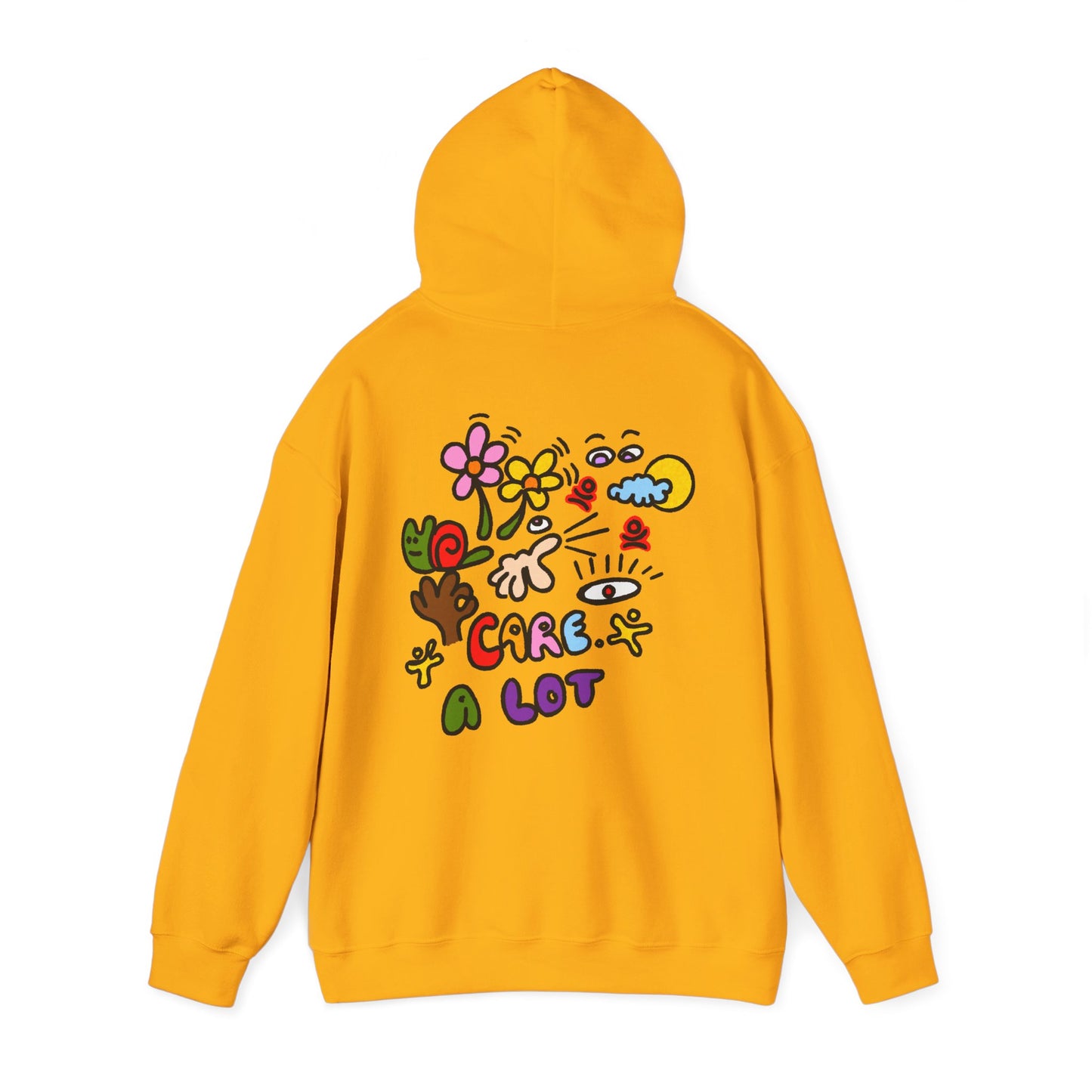 Care A Lot Hoodie — Colorful Doodle Graphic Hooded Sweatshirt